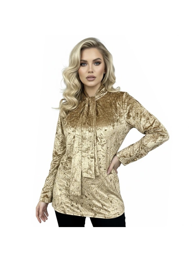 Smoky Egypt Crushed Velvet Tie-Neck Blouse-Beige - Image 3